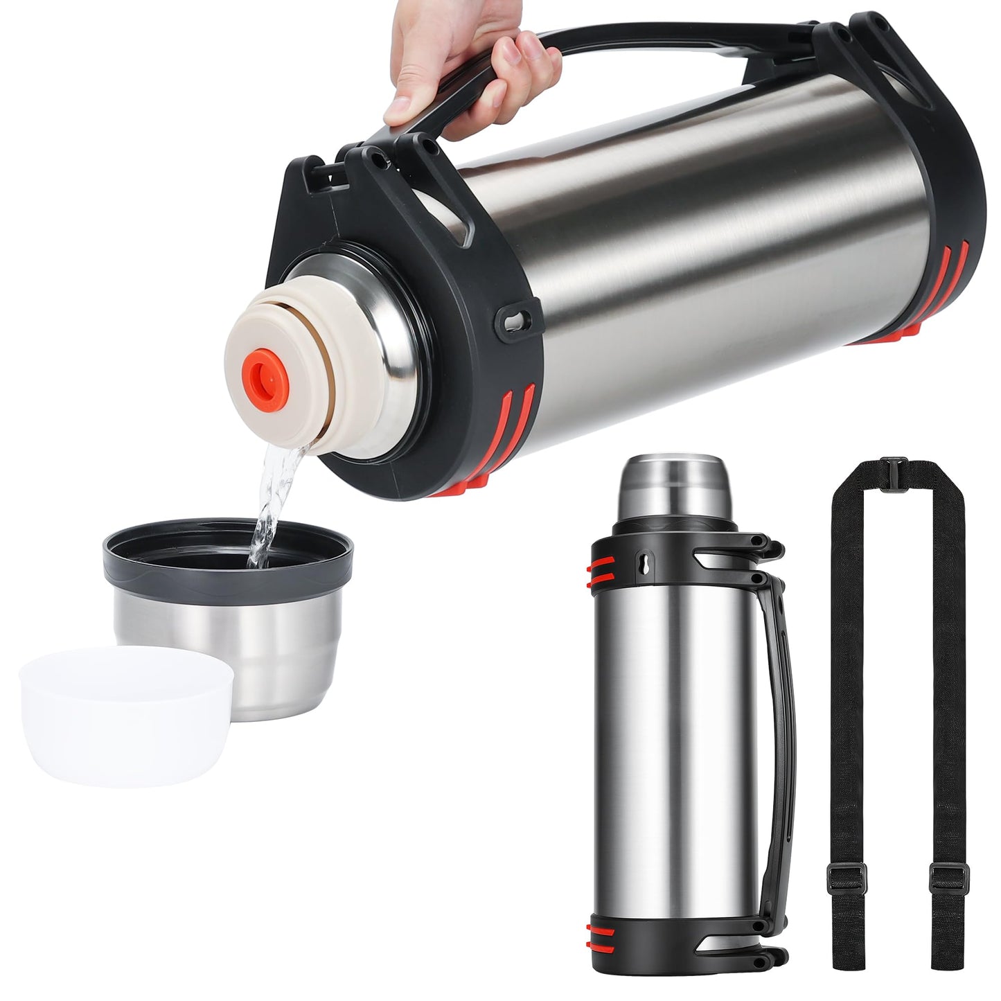 Olerd Large Thermosflask- 202oz Stainless Steel Insulated Bottle for Travel with BPA Free Cup - 6L Oversized Vacuum Insulated Thermoses with Handle and Strap for Hot & Cold Drinks(Silver)