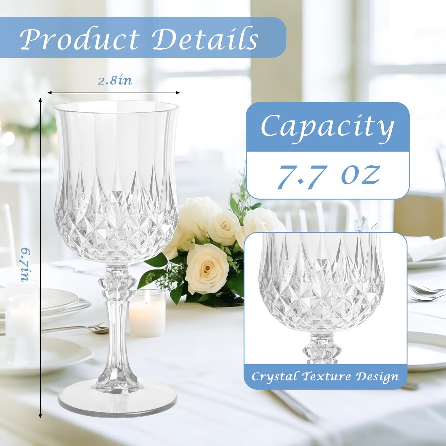 AmeLeis Plastic Wine Glasses Set of 24, 7.7 oz Reusable Plastic Goblets, Hard Plastic Stemware for Wedding, Party, Events, Elegant Shatterproof Drinking Glasses, Clear