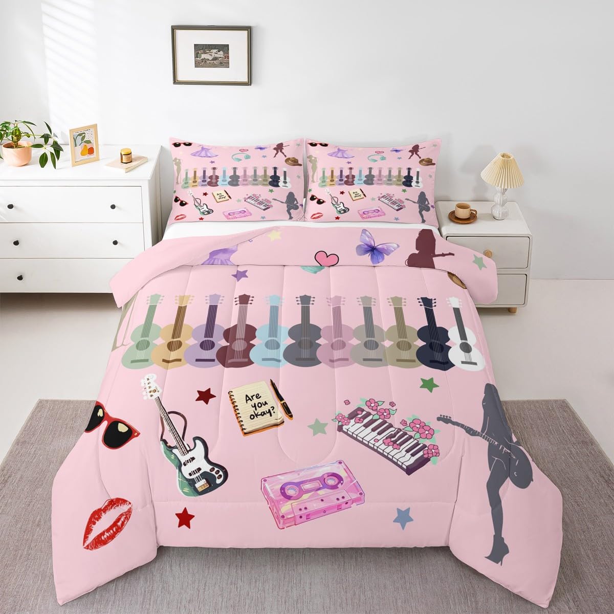Erosebridal Music Fans Guitar Comforter Set Music Themed Bedding Set Full Size Singer Fans Pink Down Comforter for Kids Girls Women Fashion Birthday Valentines Day Gift Quilt Set 3 Pcs Bedroom Decor