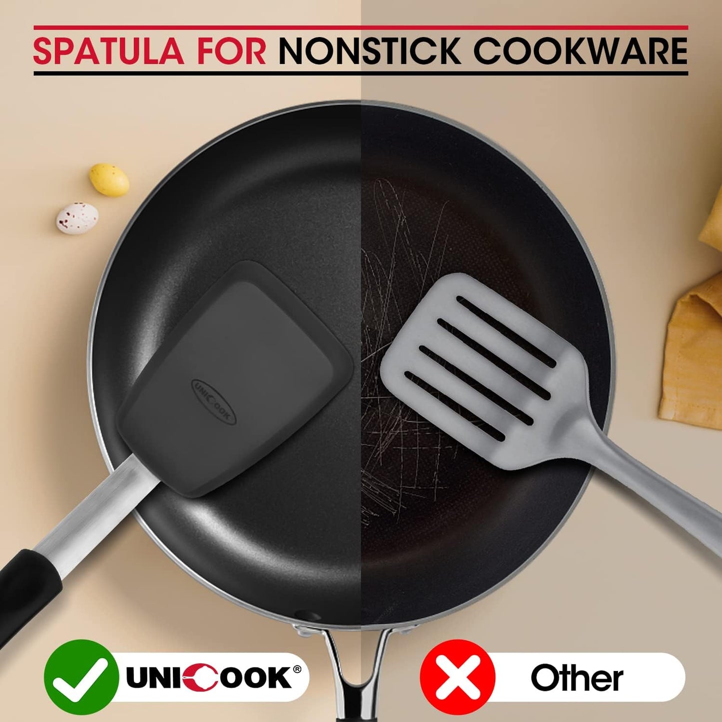 Unicook Silicone Spatula Set - 600°F Heat Resistant Turners for Flipping Eggs, Burgers & More | Black