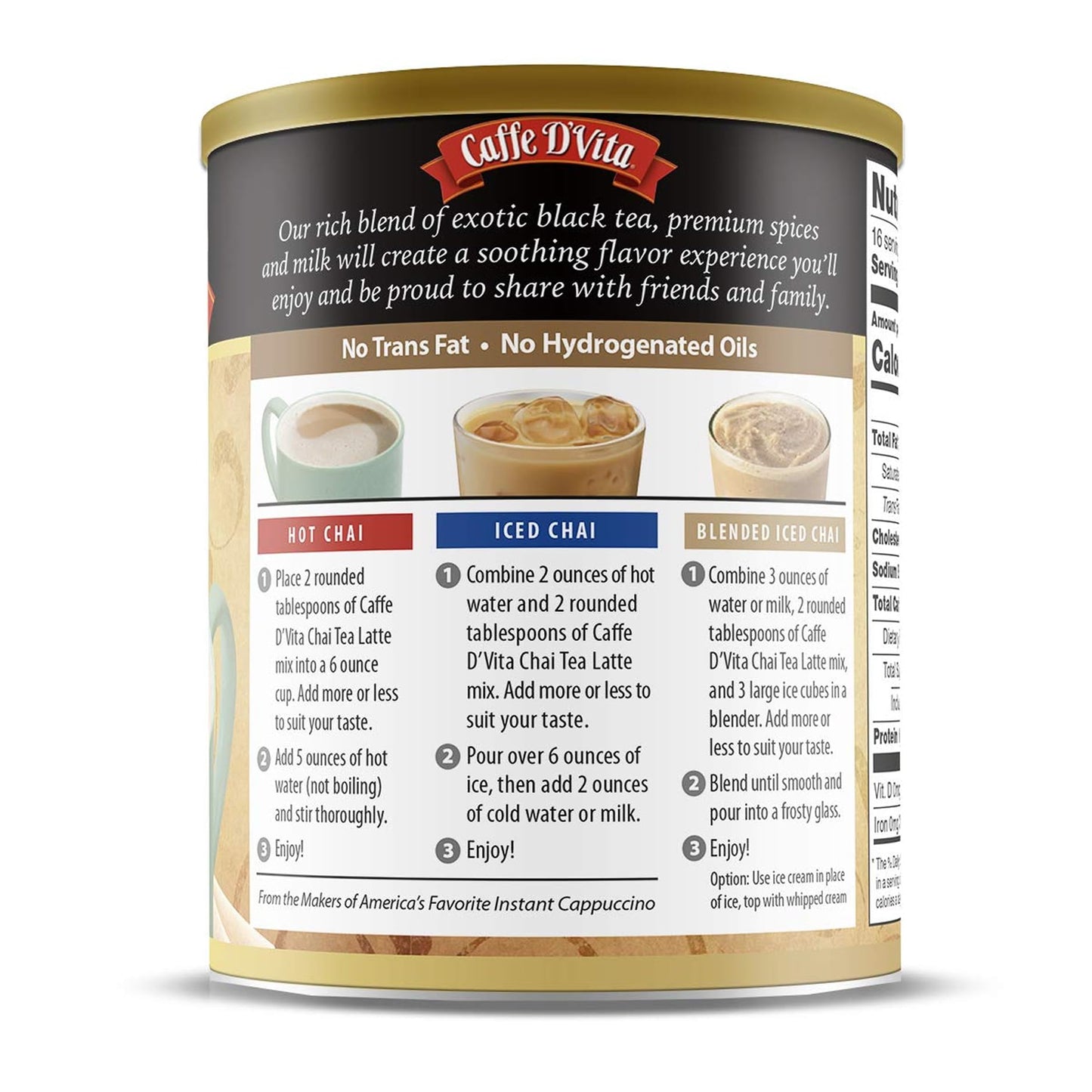 Caffe D’Vita Spiced Chai Latte Mix - Chai Tea Latte Powder Mix, Gluten Free, Chai Tea Powder, No Cholesterol, No Hydrogenated Oils, No Trans Fat, Spiced Chai Latte Powder Mix - 1 Lb Can, 6-Pack