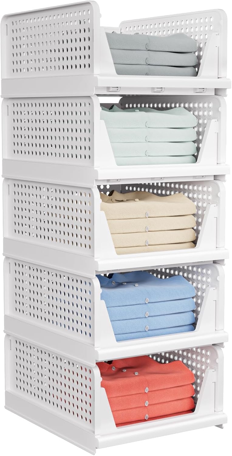 Stackable Closet Storage Baskets by [Brand Name] - Multifunctional & Foldable Organizer | Waterproof, Space-Saving Design, White - 5 Pack