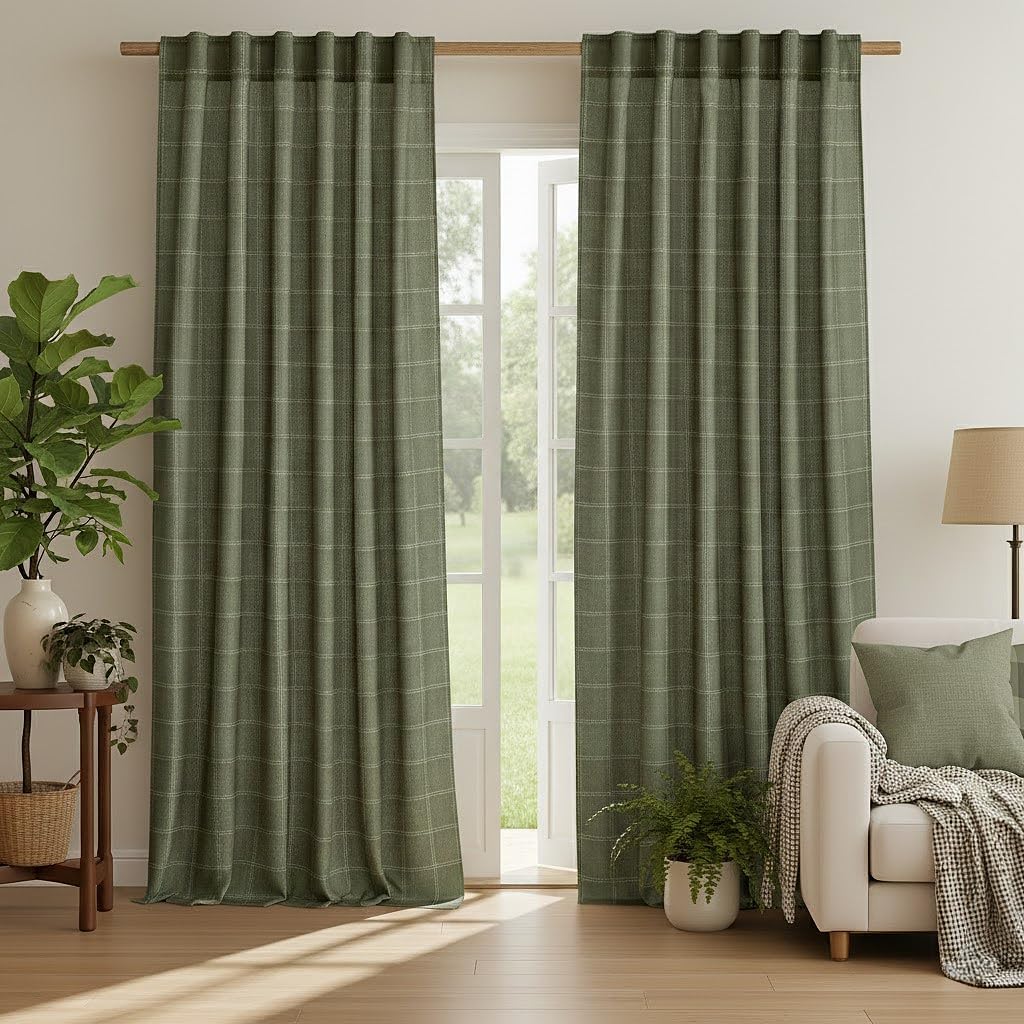 NICETOWN Linen Plaid Curtains - Modern Moss Green Check Window Panels | Light Filtering, 52" x 84" (2 Panels)