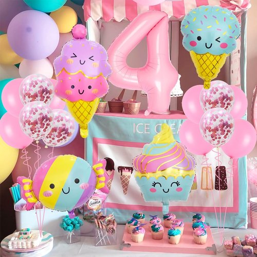 Ice Cream Balloons Number 4 Balloons 40 Inch, Ice Cream Birthday Party Decorations, 4 Balloon Number for Candy Birthday Party Decorations