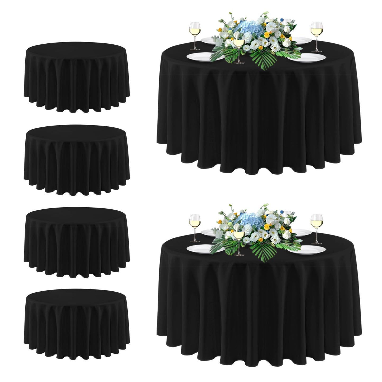 sancua Black Round Tablecloth 108 Inch Diameter, 6 Pack - Circle Polyester Fabric Table Cloth for Wedding Party Reception Banquet Birthday, Washable Formal Table Cover (Fit 42-96 Inch Tables)