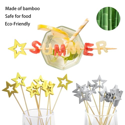 100 Pcs Gold Star Cocktail Picks, 4.7" Elegant Bamboo Appetizer Skewers for Drink & Fruit Garnish, Premium Birthday Party Decoration Supplies