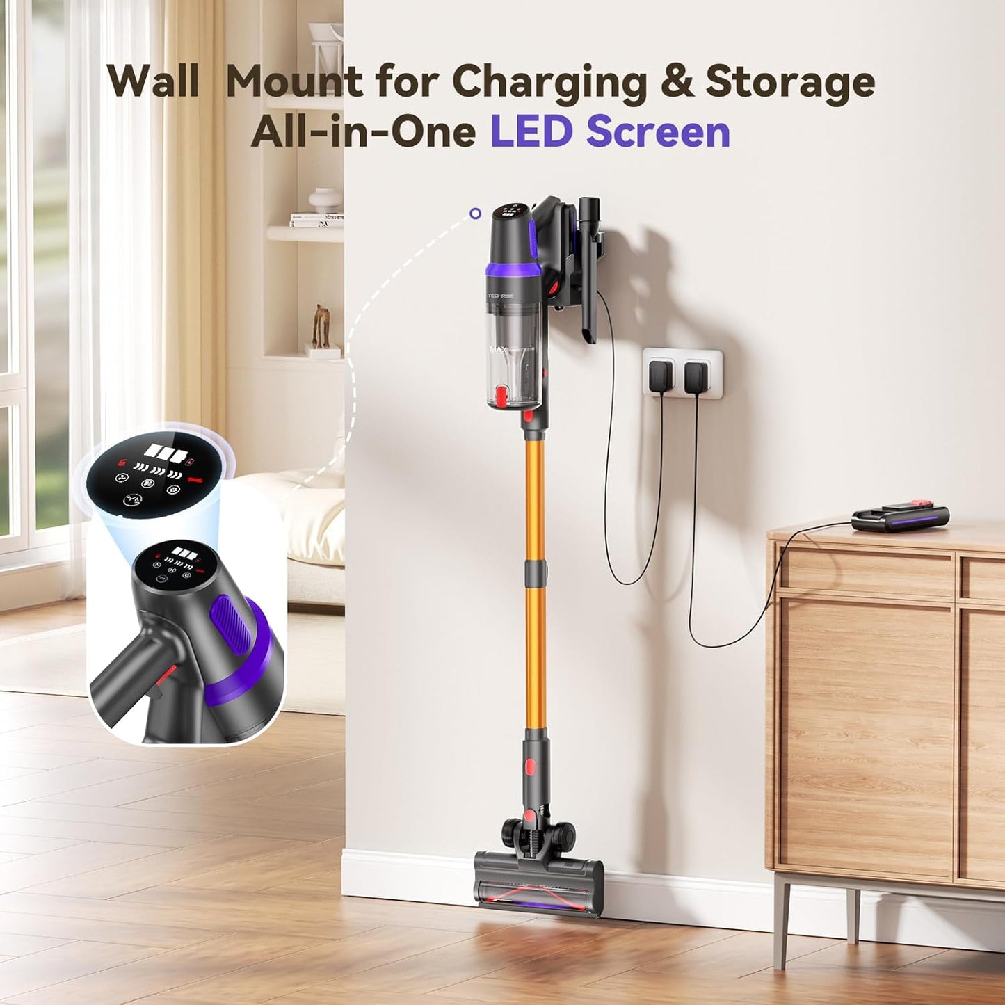 TechRise Cordless Vacuum Cleaner - 500W Stick Vacuum with Anti-Tangle Brush | 60-Min Runtime, LED Display, Lightweight for Hardwood & Carpet