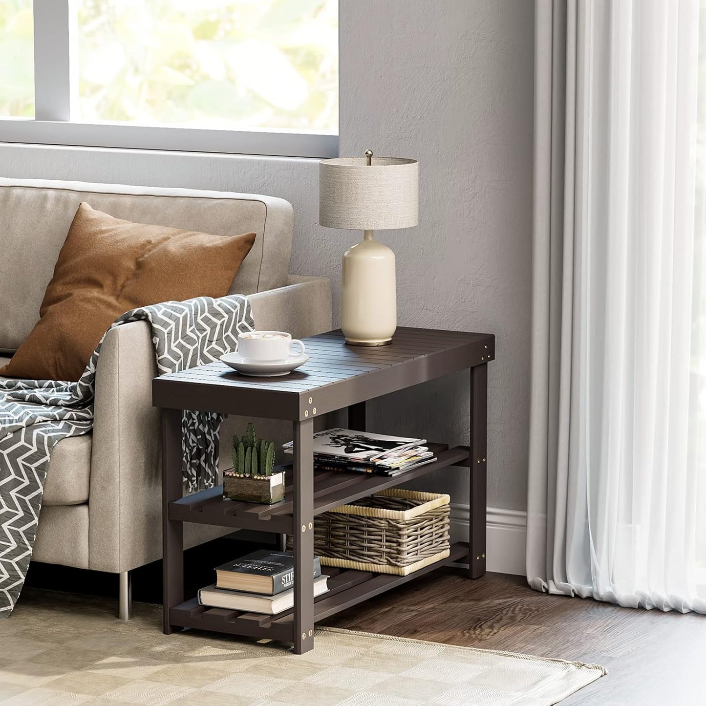 Pipishell Bamboo Shoe Rack - 3-Tier Sturdy Storage Bench for Entryway & Living Room | Holds Up to 300lbs, Brown