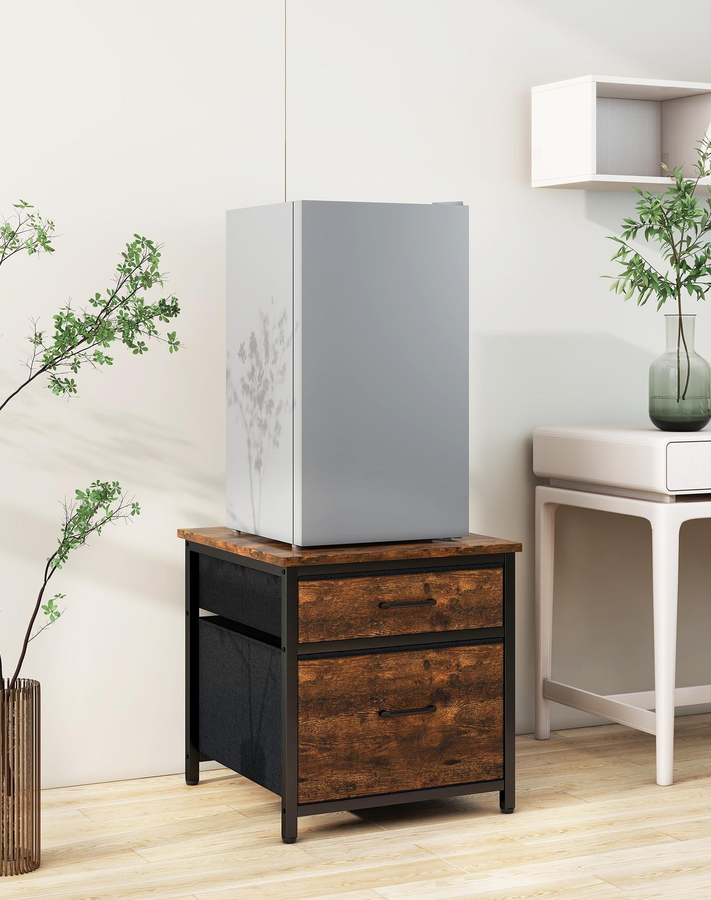 YMYNY Mini Fridge Stand with Storage, Mini Fridge Cabinet with Fabric drawers, 250lbs Heavy-Duty Compact Refrigerator Table for Home, Office, Bedroom,21.7" L x 22.8" W, Rustic Brown HBR008H