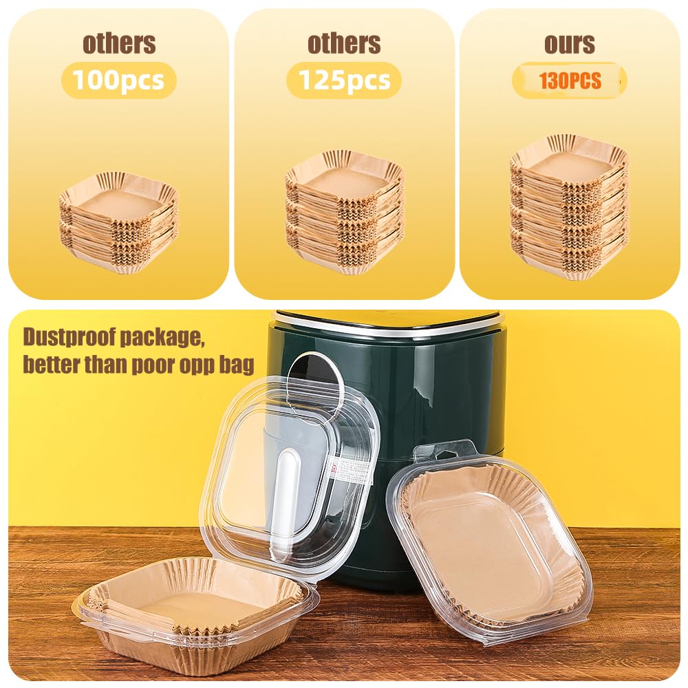 9.5 Inch Paper Air Fryer Liners Disposable,130 Pcs Square Air Fryer Parchment Liners, Suitable for 5-8 Qt,Non-stick &Oil-proof Parchment Paper for Frying