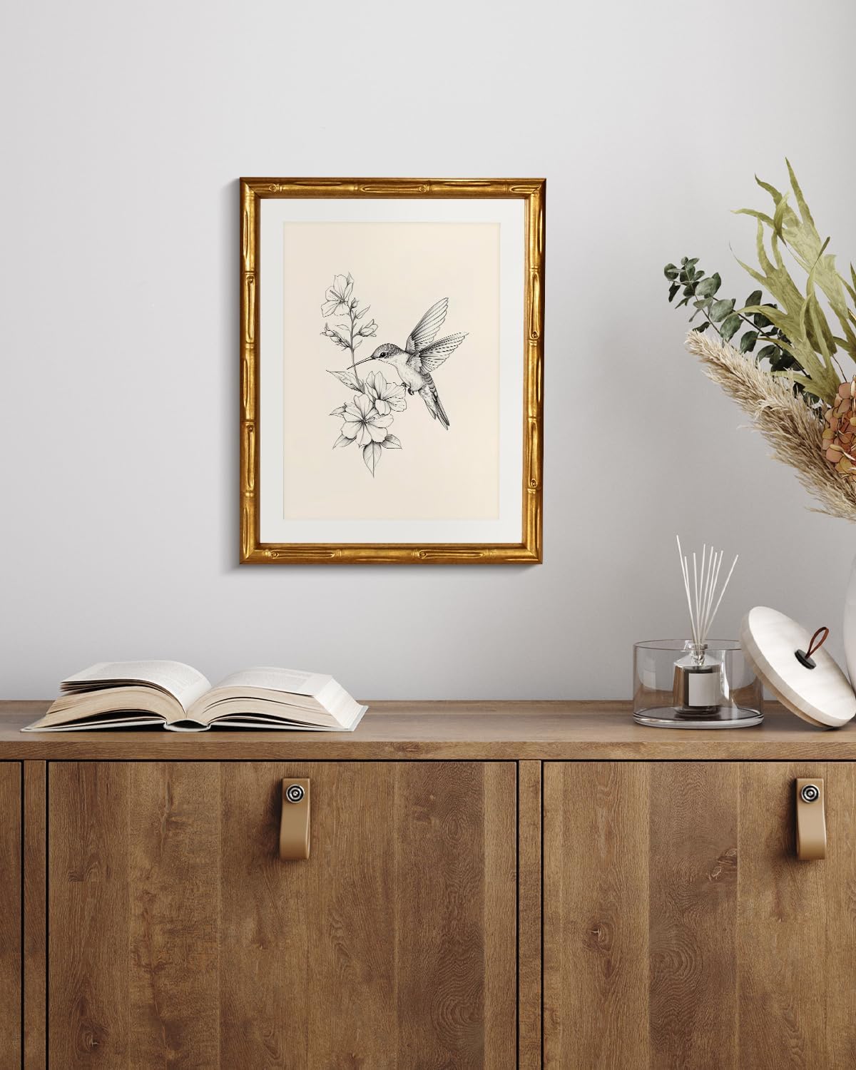 Skiennix Hummingbird Botanical Wall Art - Elegant 11x14 Framed Canvas Print for Office & Bedroom Decor