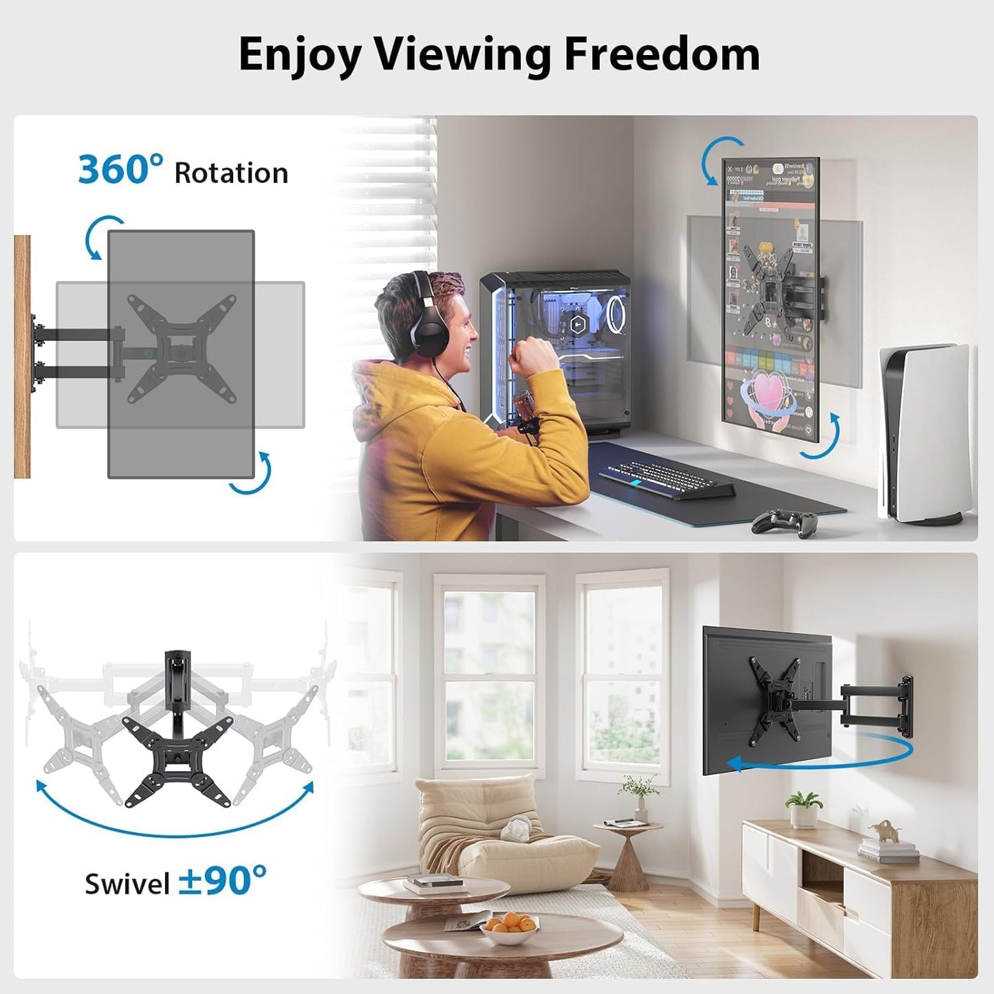 Pipishell Full Motion TV Wall Mount - Fits 13-43 Inch TVs & Monitors | Max VESA 200x200mm, 44lbs Capacity