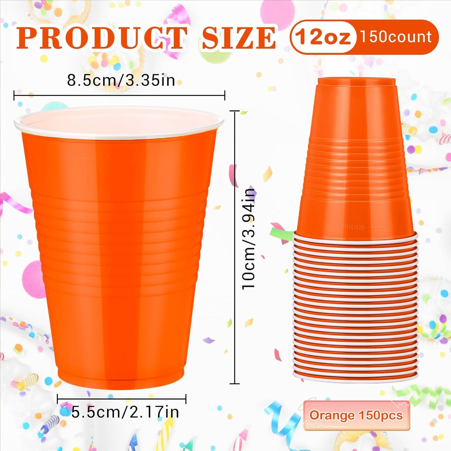 Skiennix 12oz Orange Plastic Cups - 150 Pcs Bulk Disposable Party Supplies for Celebrations