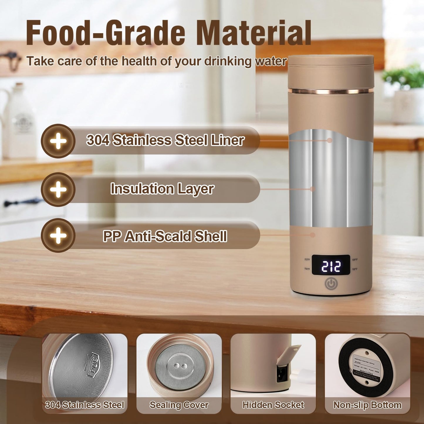 Travel Electric Kettle Portable Mini Kettle,Small Hot Water Boiler with 4 Temperature Settings,304 Stainless Steel, Fast Boiling Water with Auto Shut-Off and Boil Dry Protection,400 ml (Brown, 400ML)