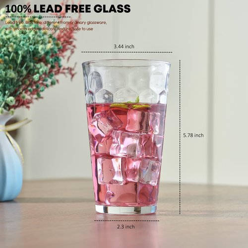 ALINK 16 oz Drinking Glasses, Set of 6 Highball Glass Cups Bar Glasses, Clear Heavy Base Stemmed Water Glasses for Beer, Iced Coffee Cups, Cocktail Glasses, Wine, Iced Tea, Dishwasher Safe