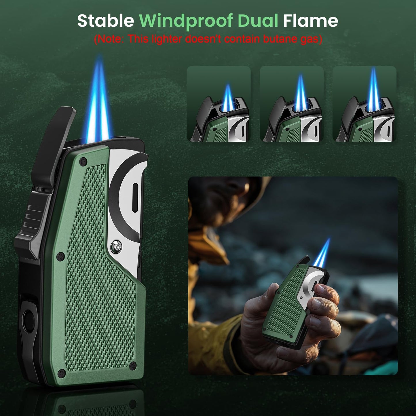 All-in-One Torch Lighters with Straight Cutter, Punch, Holder, Windproof Dual Jet Flame Torch Lighter, Refillable Butane Torch Lighters with Gift Box for Men, Multi-function Accessories for Men Luxury