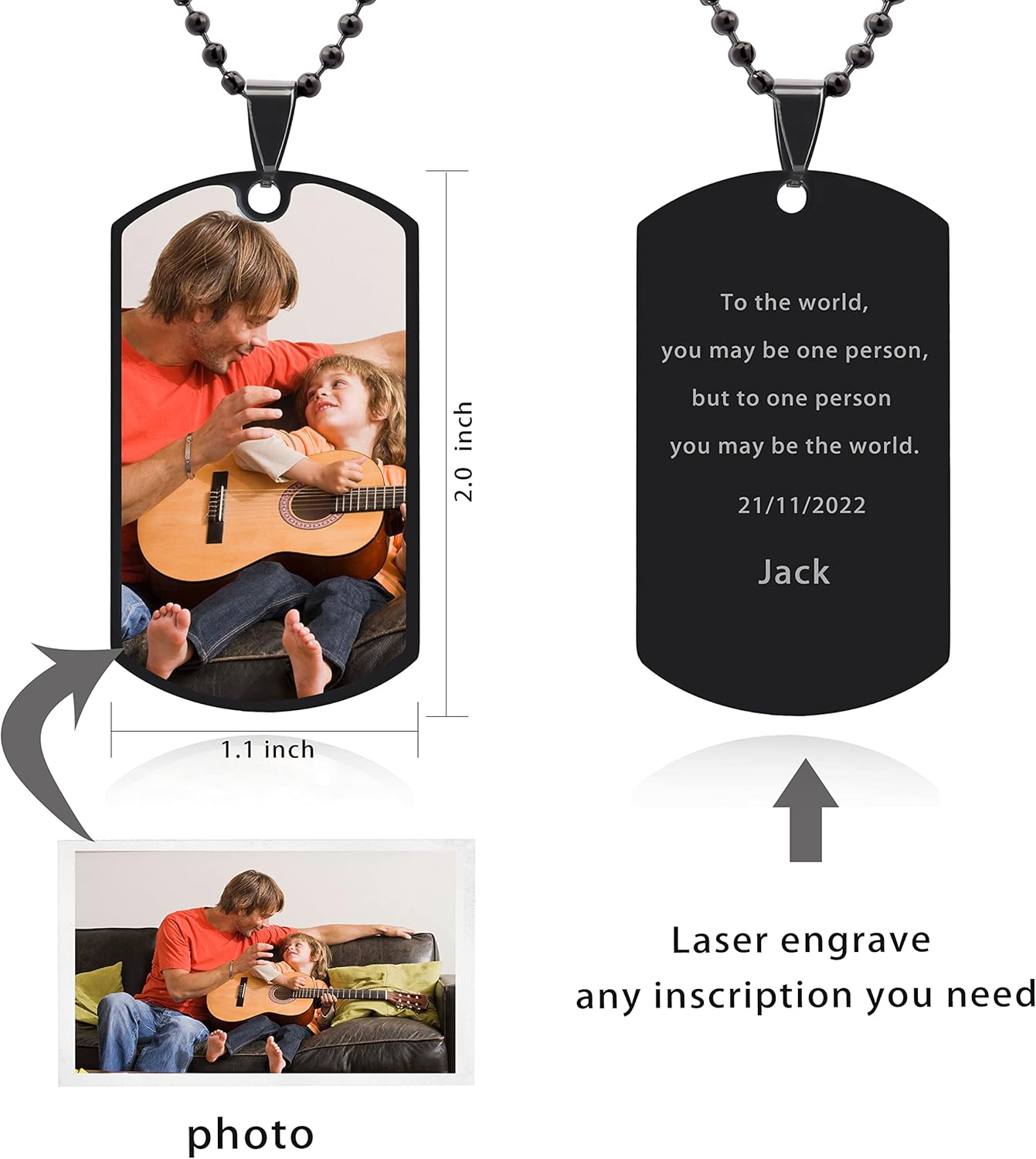 Skiennix Personalized Dog Tag Pendant - Custom Engraved Necklace for Men & Women | Stainless Steel, Photo/Text