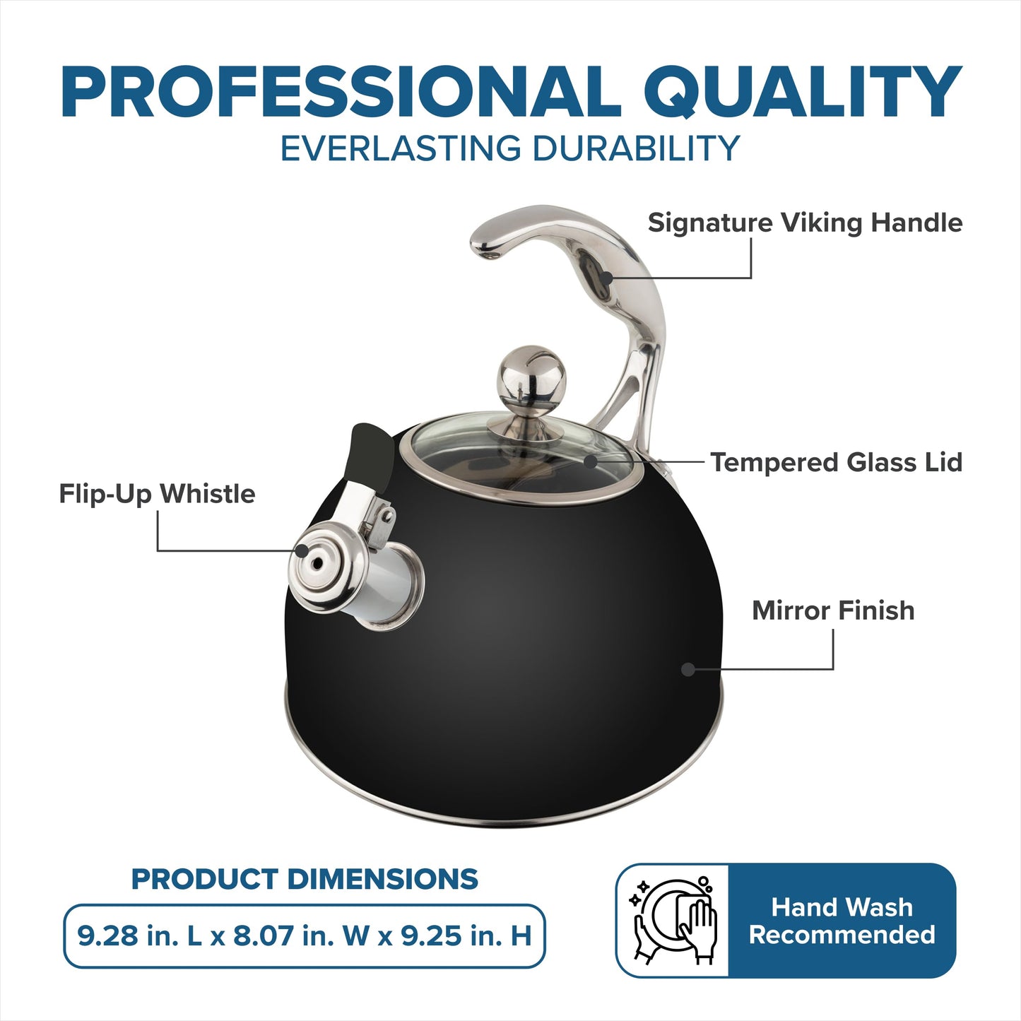 Viking 3-Ply Stainless Steel Tea Kettle, 2.6 Quart Stovetop Hot Water Pot with Tempered Glass Lid, Ergonomic Handle, Induction Ready, Matte Black