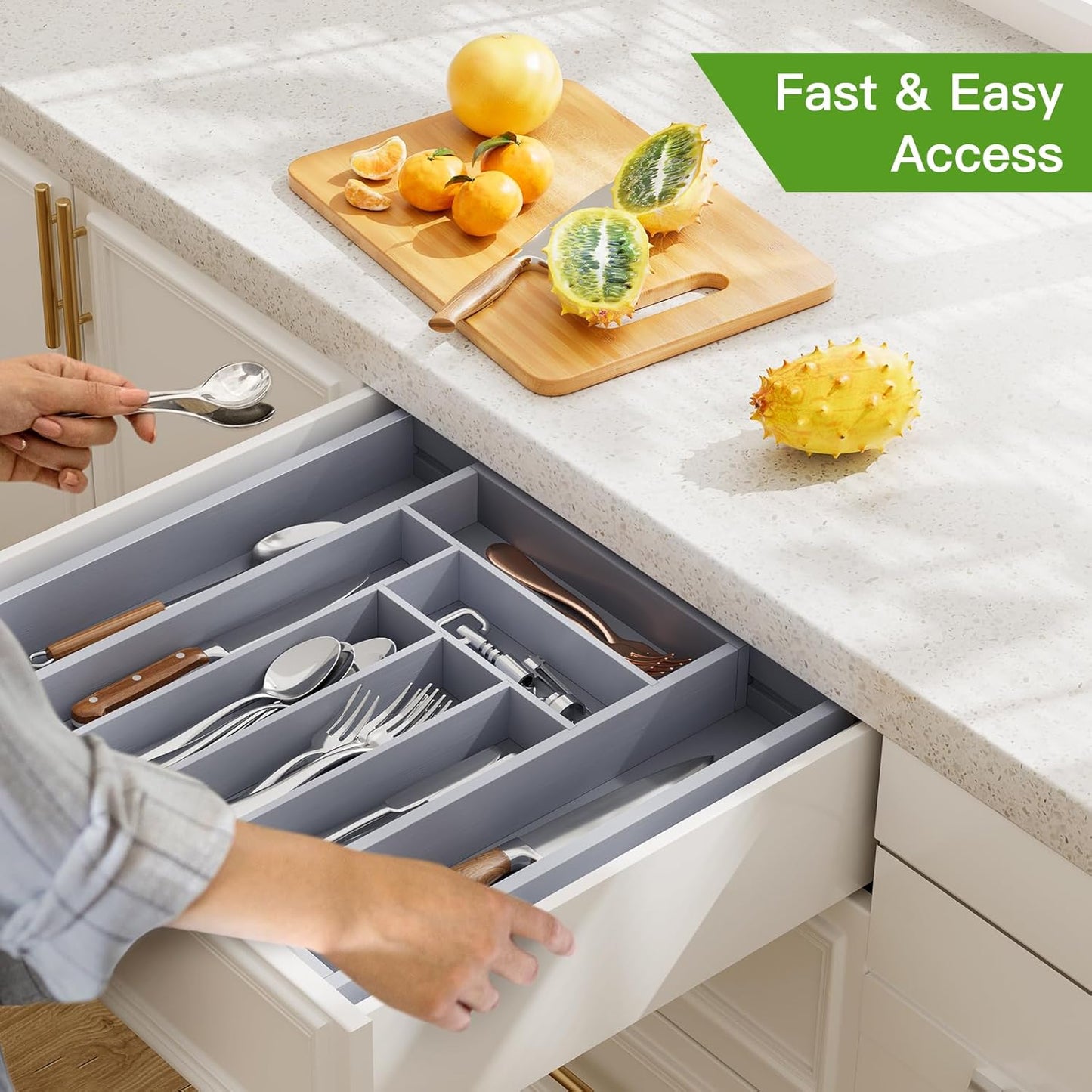Pipishell Bamboo Drawer Organizer - Adjustable Utensil Holder & Cutlery Tray | Grey, Expandable Design