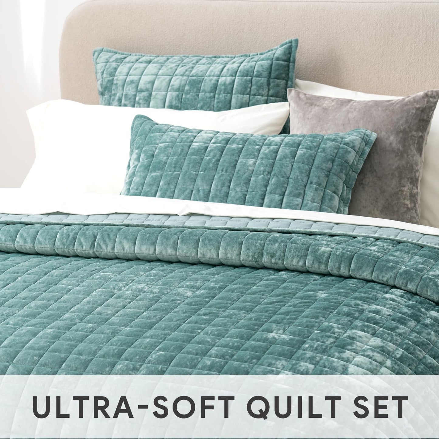 RECYCO Luxury Velvet Quilt Set - Lightweight Comforter for Twin/Twin XL Beds | Aqua Green, Includes 1 Pillow Sham