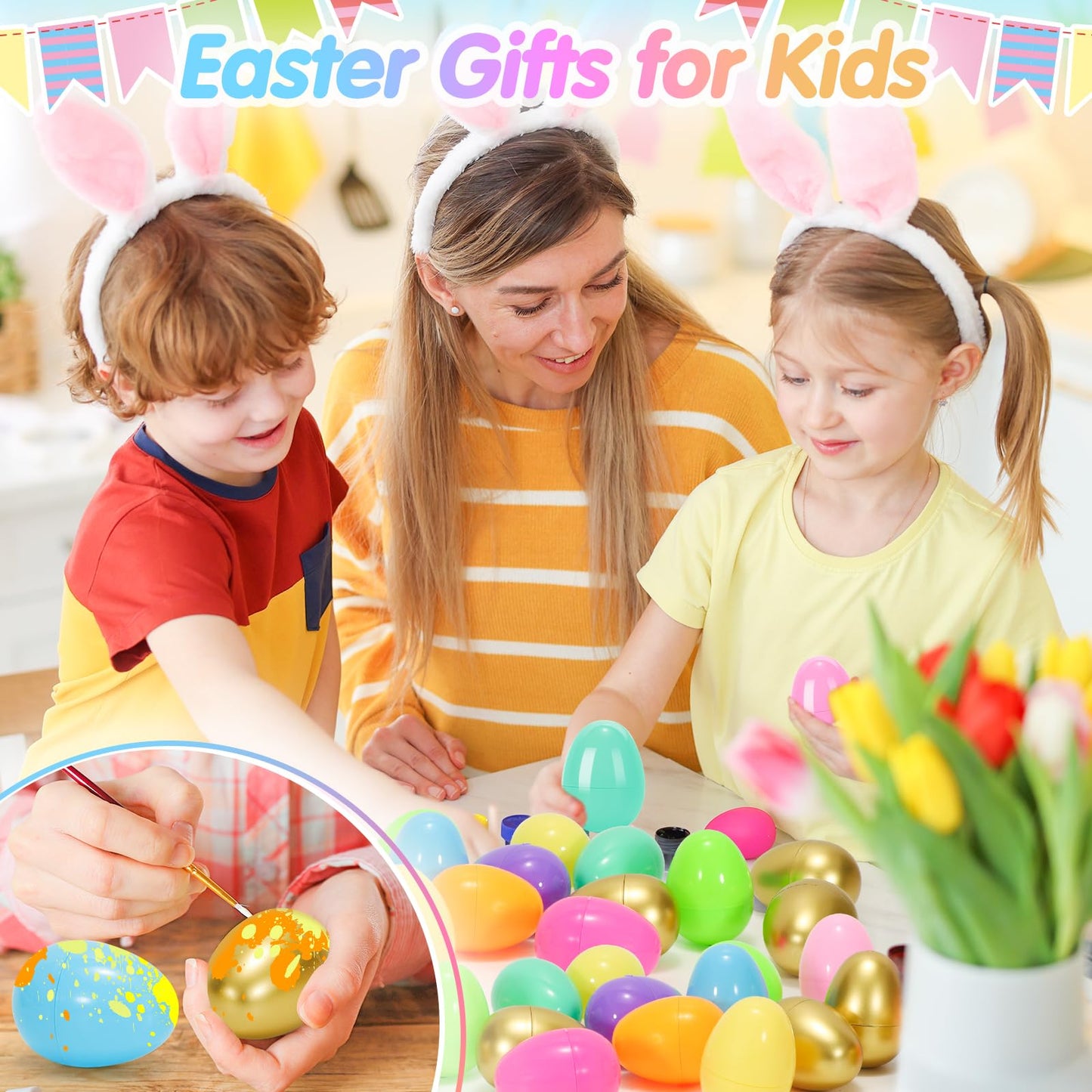SevenQ Plastic Easter Eggs Fillable, 100Pcs 2.4" Empty Colorful and Golden Eggs for Easter Basket Stuffers Gifts for Kids Party Favors Pinata Treasure Box Toys Classroom Goodie Bags Egg Hunt Supplies