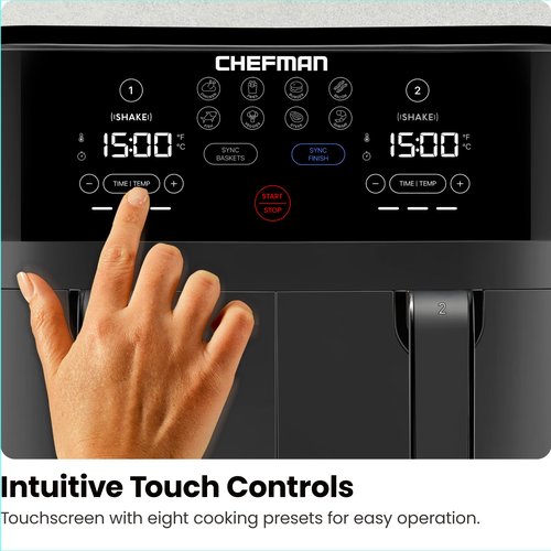 Chefman TurboFry Touch Dual Air Fryer, Maximize The Healthiest Meals With Double Basket Capacity, One-Touch Digital Controls And Shake Reminder For The Perfect Crispy And Low-Calorie Finish