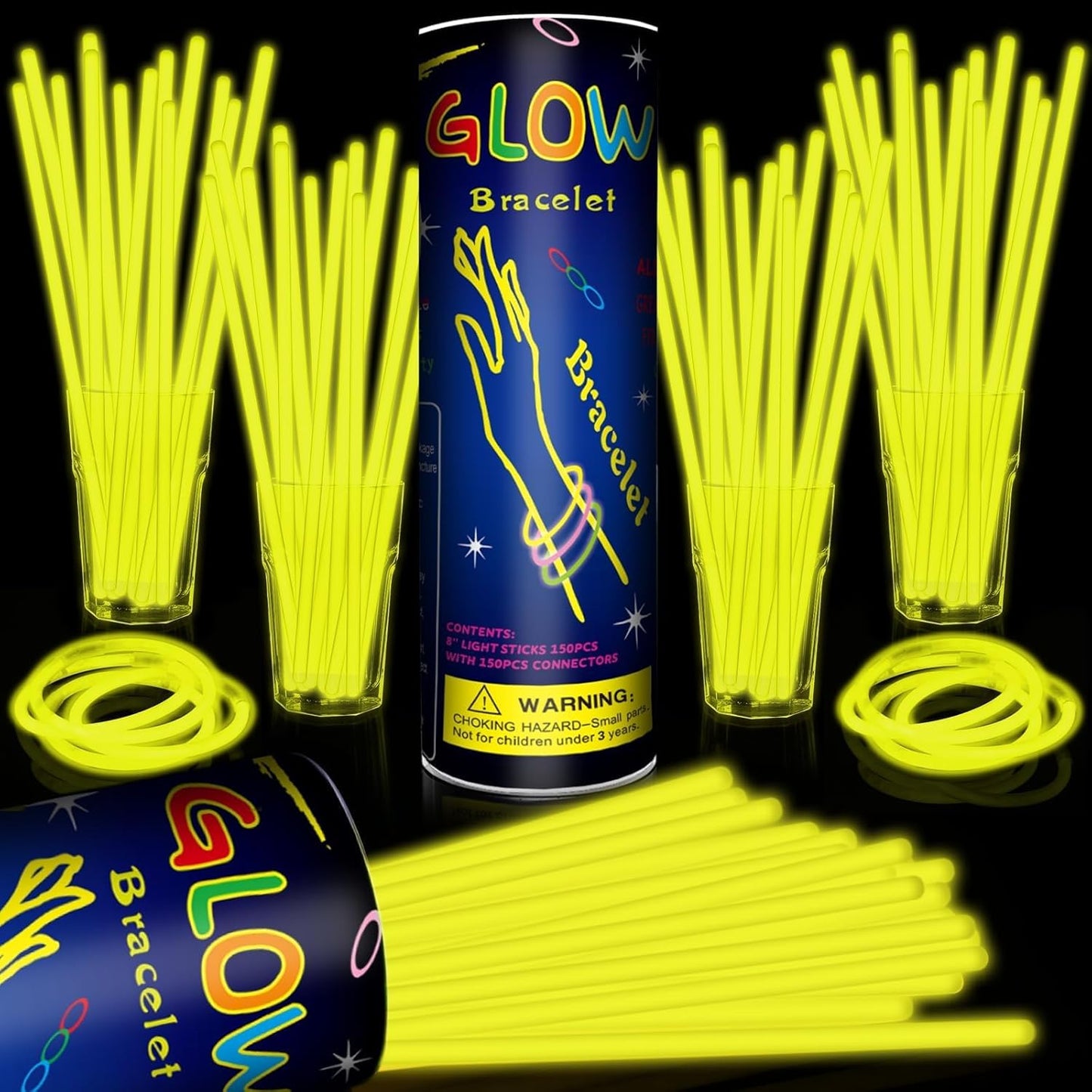 Skiennix 200-Pack 8'' Glow Sticks - Neon Yellow Light-Up Party Favors with Connectors for Birthdays & Holidays