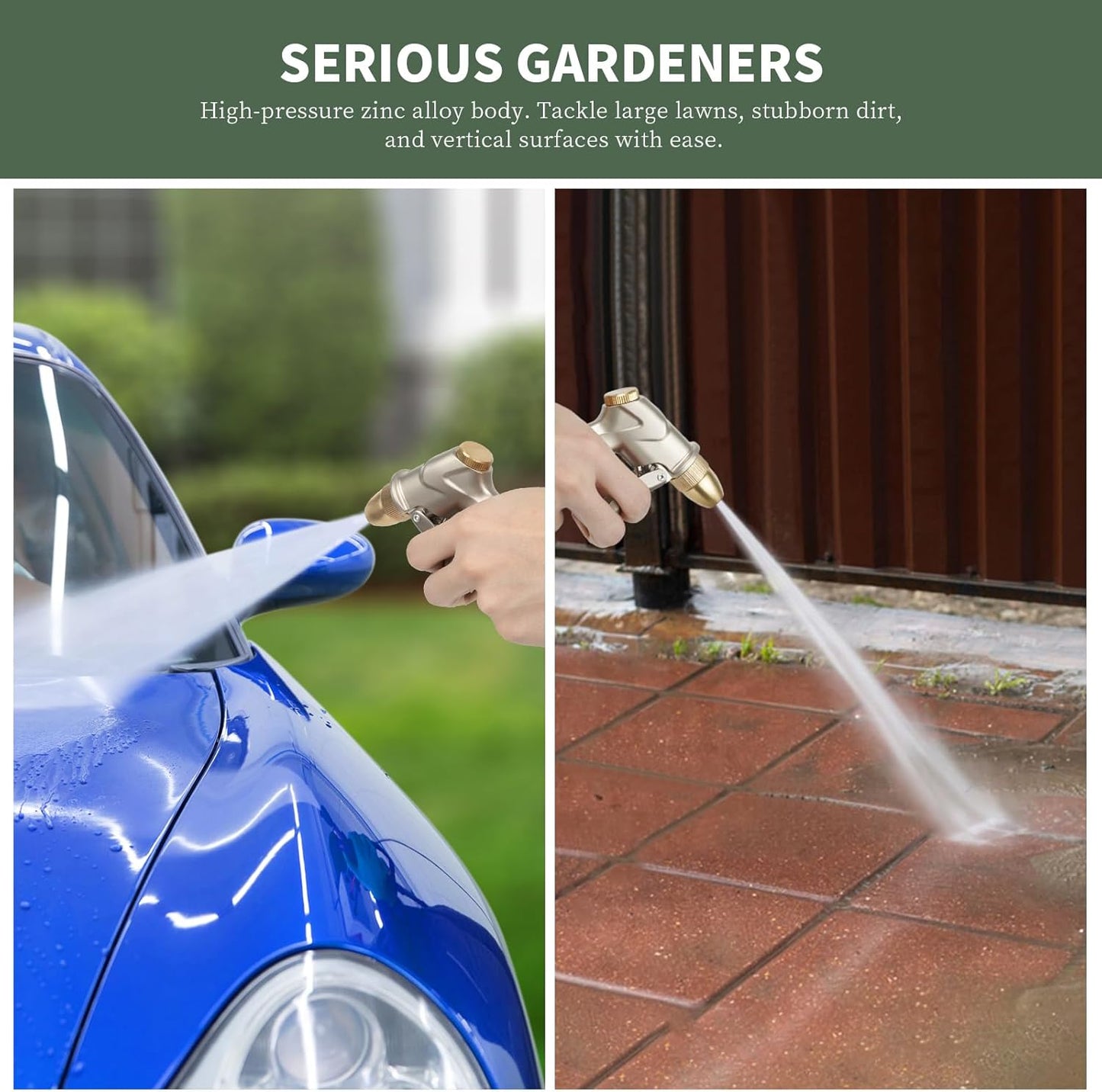 Metal Garden Hose Nozzle - Heavy Duty 4 Spray Patterns with 360° Rotation & Ergonomic Handle