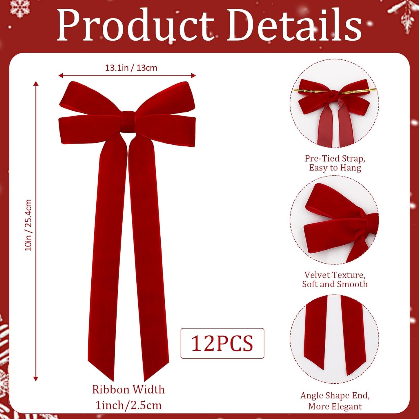 Regine Switzerland 12Pcs Red Velvet Ribbon Bows - 5in X 10in Christmas Tree Decorations & Crafts