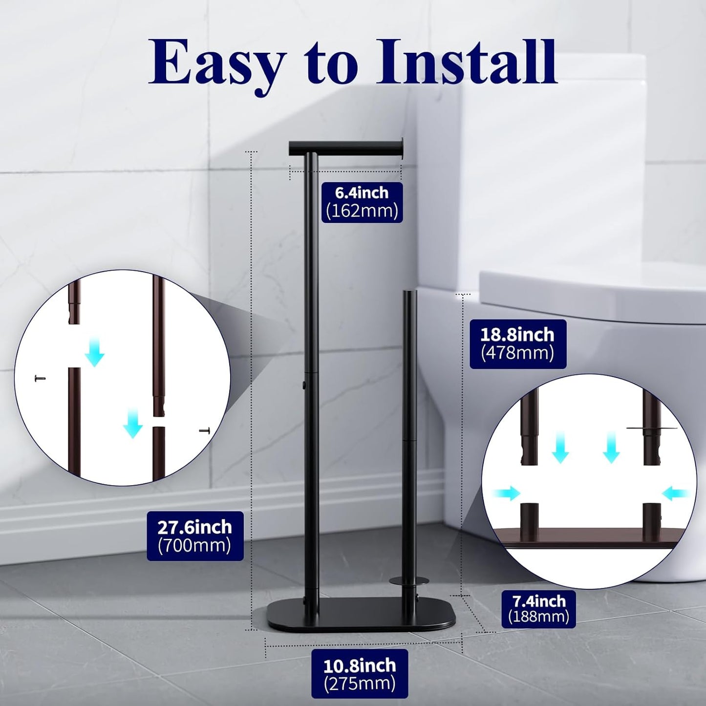 Kitsure Toilet Paper Holder - Large Capacity Free Standing Design for 4 Rolls, Rustproof & Non-Slip, Black