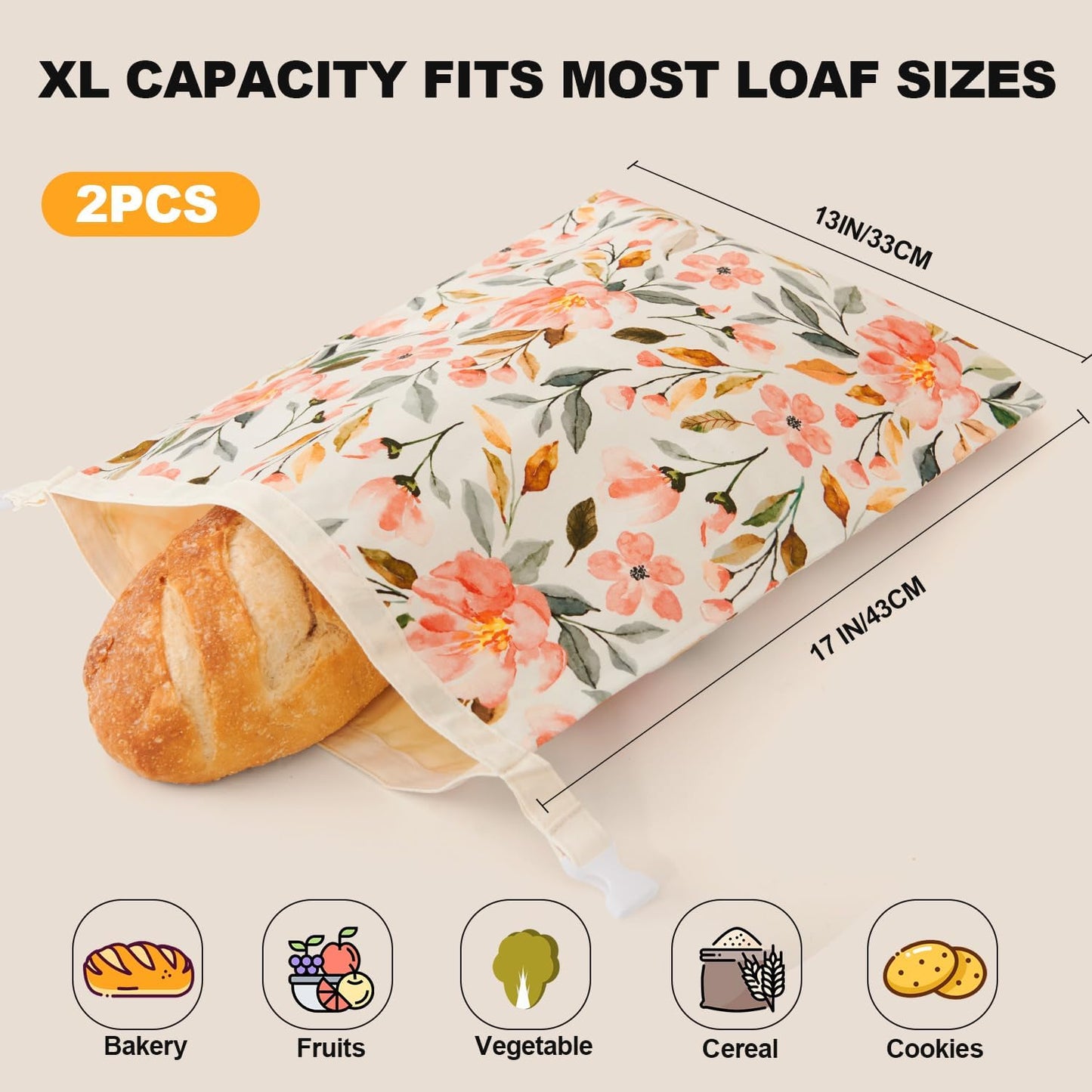 Wildwood Bloom Beeswax Bread Bags - 2 Pack Reusable Organic Cotton Sourdough Bags
