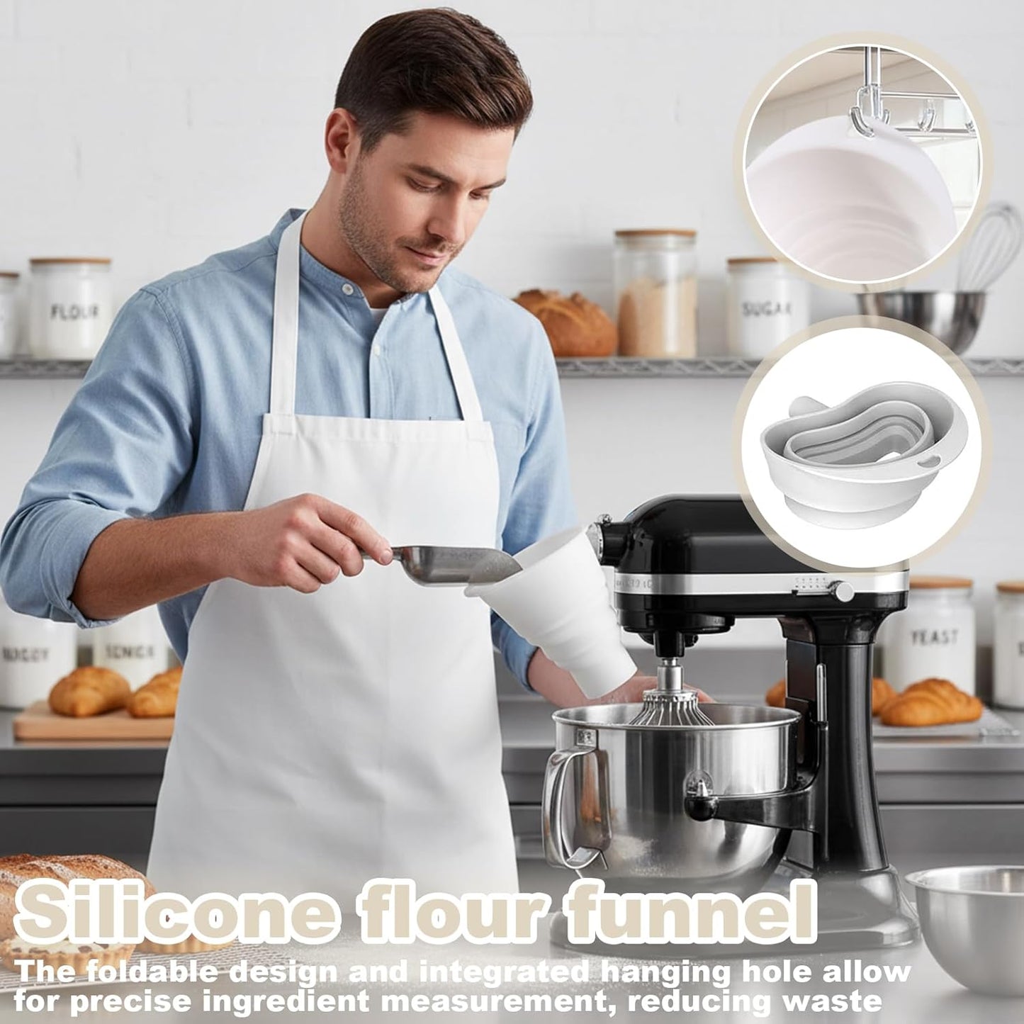 KitchenAid Silicone Flour Funnel - Foldable Anti-Splash Accessory for 5-Quart Tilt-Head Mixer | Dishwasher Safe (White)