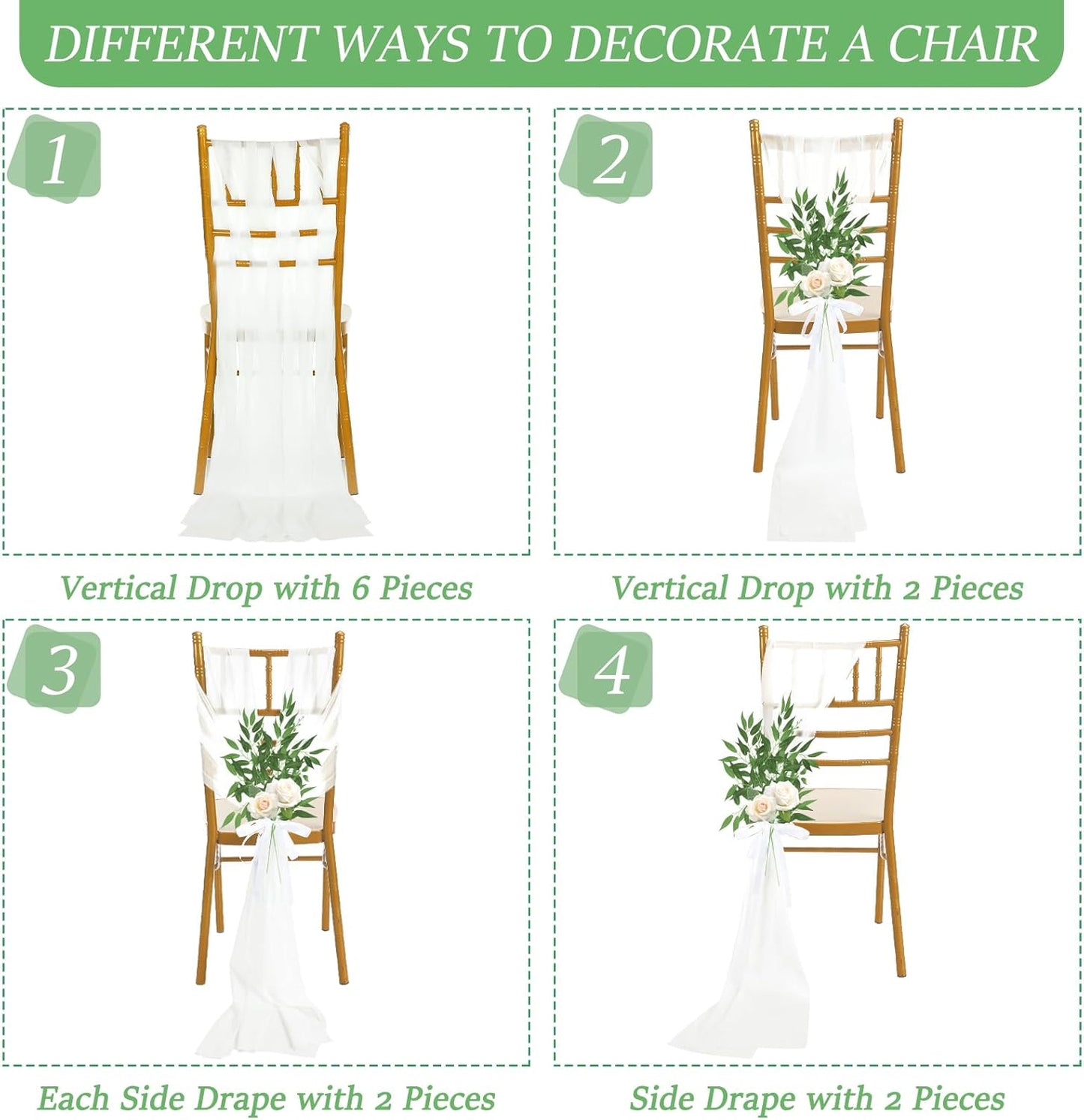VitalCozy Wedding Aisle Chair Decorations - 12 Sets White Sashes with Artificial Ruscus & Chiffon for Ceremonies