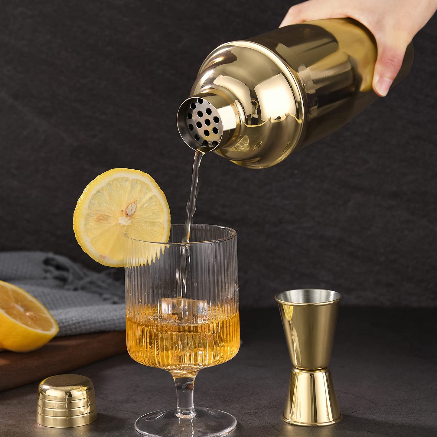 LUCKYGOOBO Cocktail Shaker,24 oz Martini Shaker,Food Grade Stainless Steel Martini Mixer Built-in Strainer,Drink Shaker,Bartender Kit Gifts. (Gold)