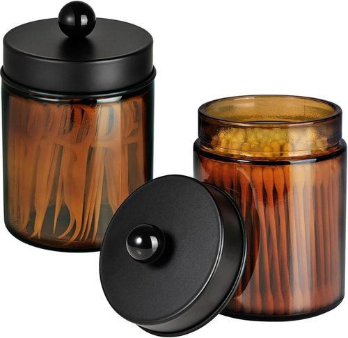 Amolliar Amber Glass Qtip Holder - Stylish Apothecary Jar with Matte Black Lid | 2-Pack Bathroom Organizer for Cotton Swabs and Floss
