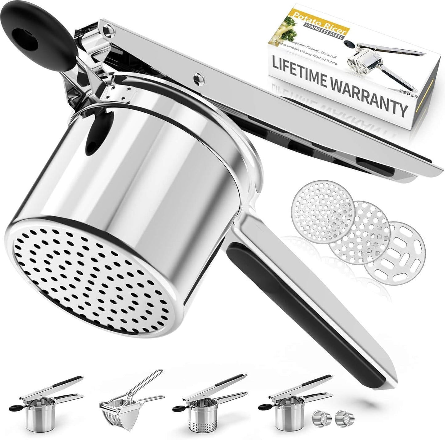 Skiennix Potato Ricer - Heavy Duty Stainless Steel Masher with 3 Interchangeable Discs for Fluffy Mashed Potatoes | Ideal for Gnocchi & Spaetzle