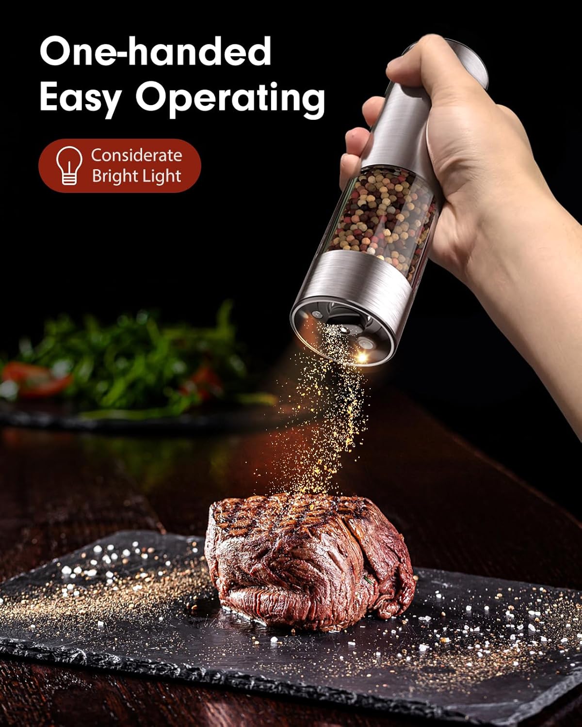 TOMEEM Electric Salt and Pepper Grinder Set - Rechargeable, Stainless Steel with LED Lights | 5 Adjustable Coarseness