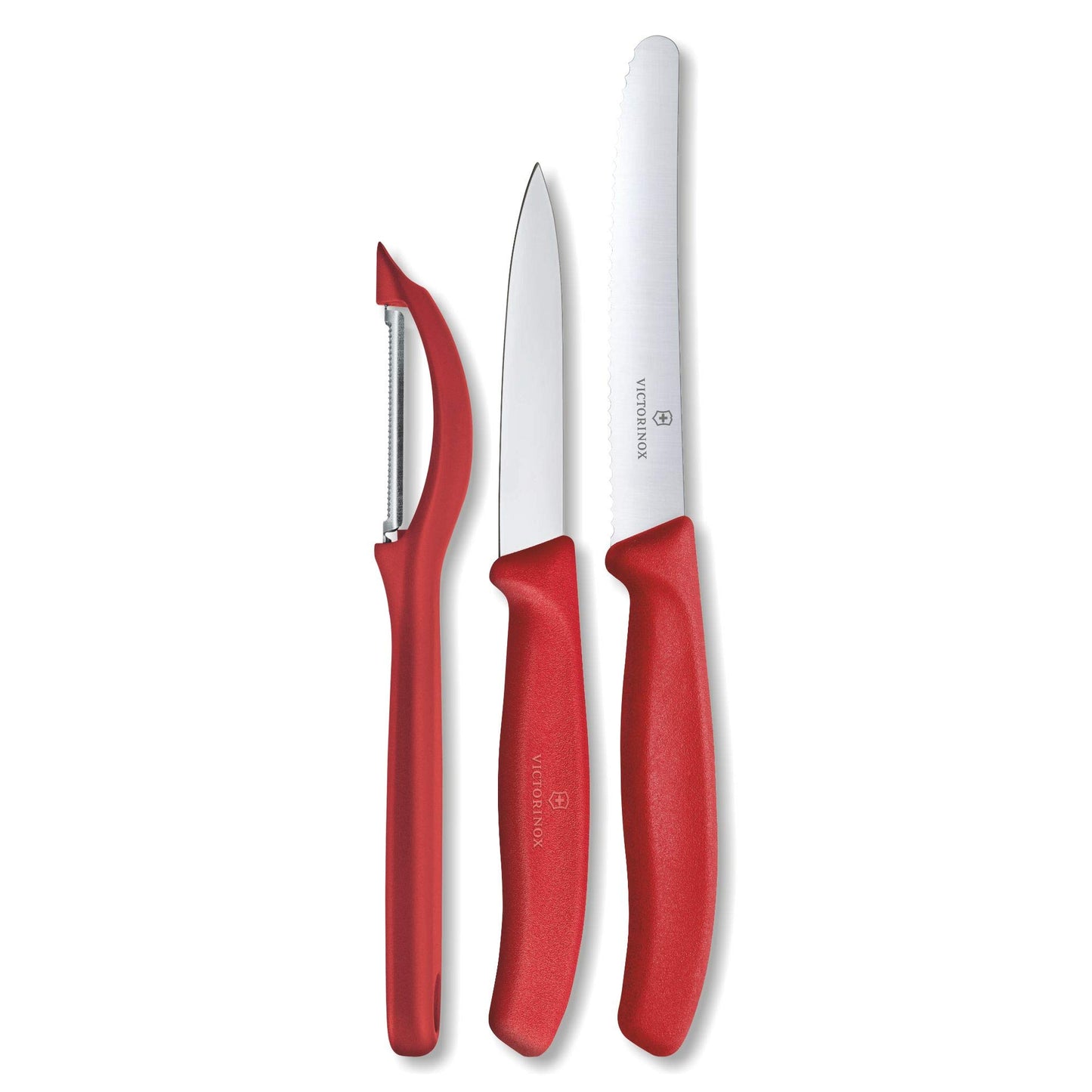 Victorinox Swiss Classic Paring Knife Set with Peeler - Includes a Straight Edge & Serrated Paring Knife, & Fruit & Vegetable Peeler - Red Handle, 3-Piece Set