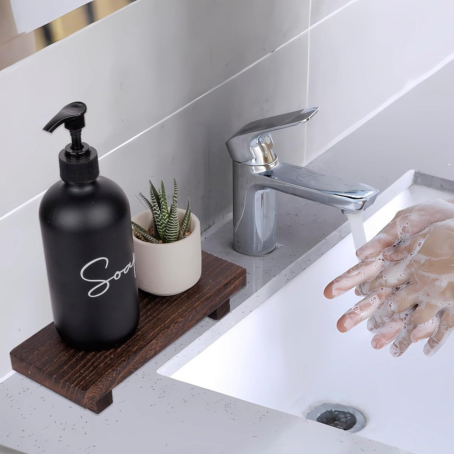 Zoocatia Small Wood Tray - Decorative Wooden Riser for Farmhouse Bathroom & Kitchen, Dark Brown