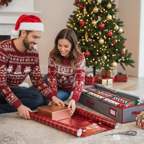 HOLDN' STORAGE Premium Wrapping Paper Storage Container - Durable 600D Tear-Proof Design | Fits 27 Rolls with Extra Pockets for Ribbons & Bows - Ideal for Holiday Use, Grey/Red Trim