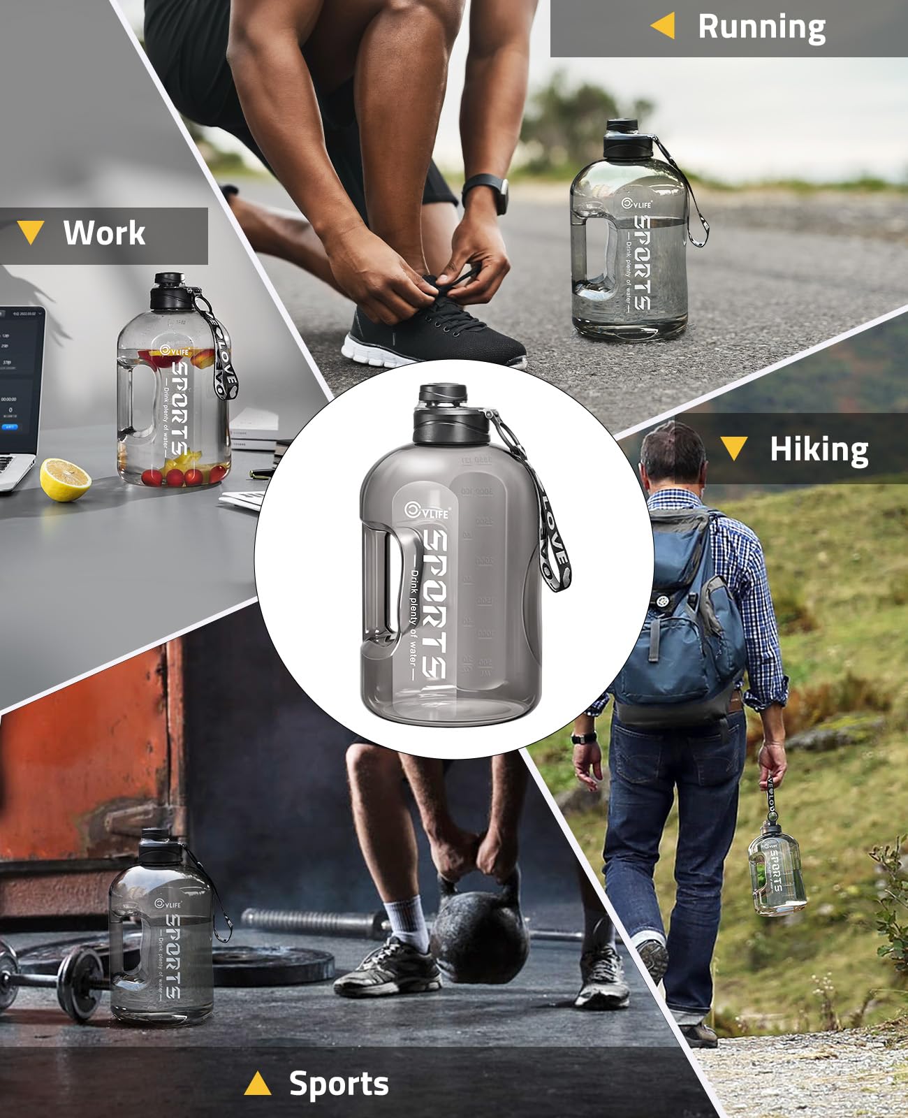 CVLIFE 1 Gallon Water Bottle with Handle, Large Gallon Water Jug with Strap, Big Sports Bottle for Gym, Reusable Black Water Container, 128 oz, Leak Proof, BPA Free