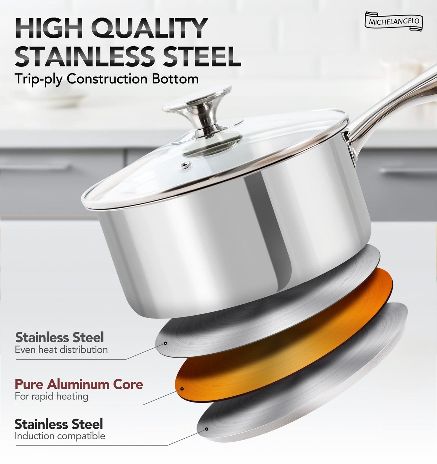 MICHELANGELO 3 Quart Saucepan with Lid, Thick Bottom Sauce Pan Stainless Steel Saucepan with Cover, Nonstick Sauce Pot, Induction Compatible
