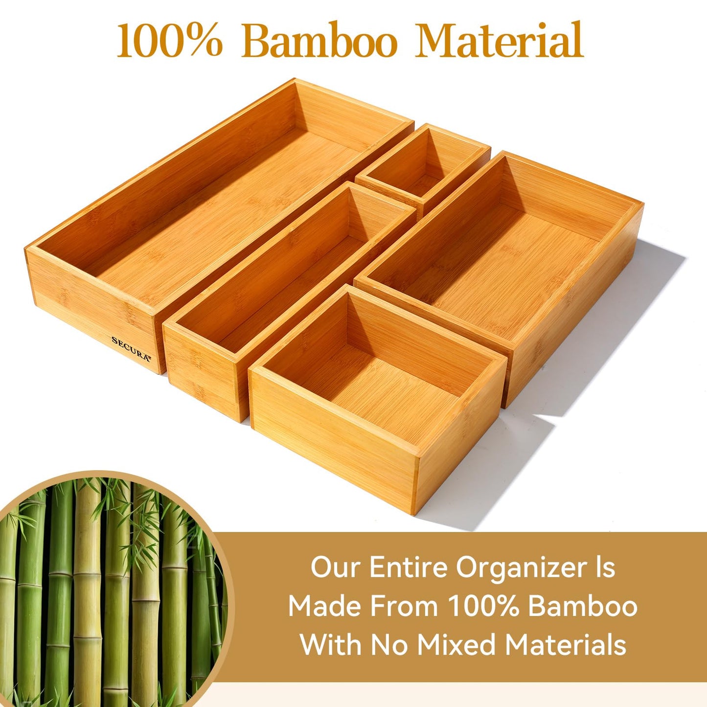 Secura Kitchen Drawer Utensil Organizer Box Set 𝟱 𝗣𝗮𝗰𝗸, Bamboo Utensil Holder Cutlery Makeup Silverware Jewelry Flatware Organization Tray for Kitchen, Bathroom, Office and Living Room