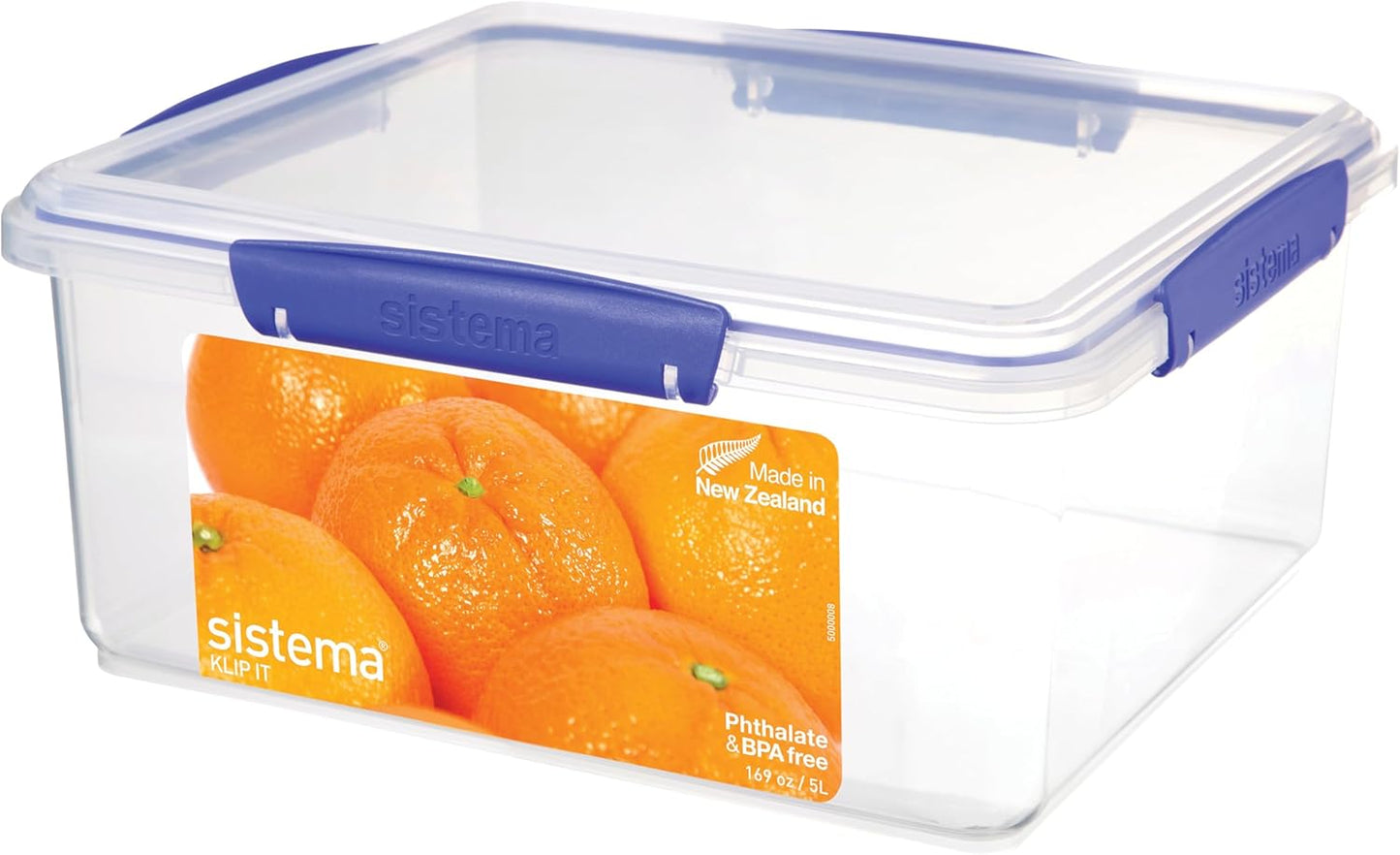 Sistema KLIP IT Food Storage Container - 5L Airtight & Stackable, BPA-Free, Clear with Blue Clips