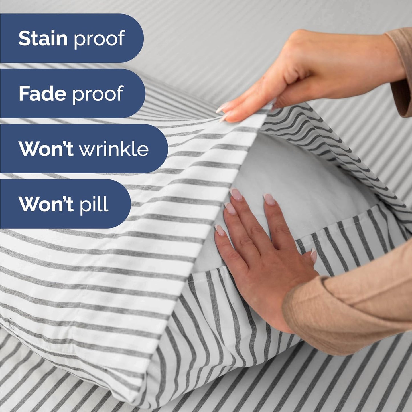 Skiennix Twin Size 3-Piece Sheet Set - Comfy Cooling Bed Sheets | Luxury Grey Stripes, Deep Pockets, Soft & Wrinkle-Free