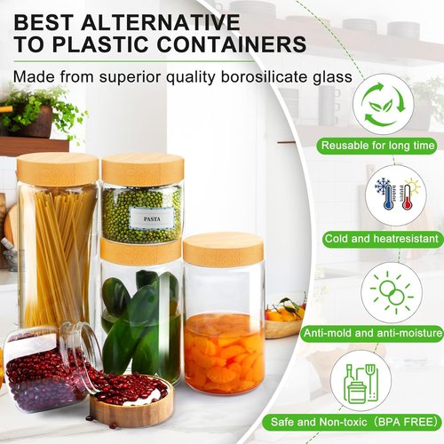 AISIPRIN Airtight Glass Storage Jars - 5-Piece Set with Bamboo Lids for Cookies, Pasta & Cereal | 80oz, 50oz, 27oz