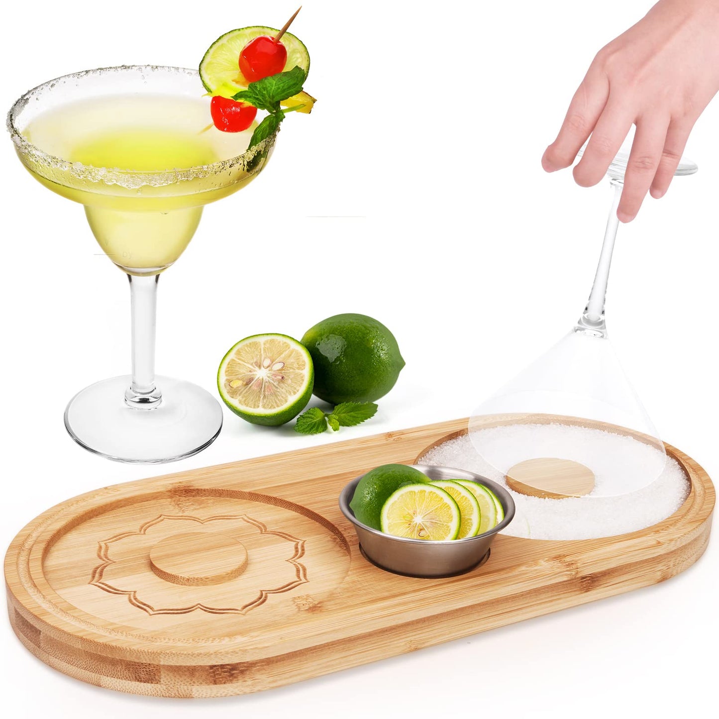 Margarita Salt Rimmer Set Salt Sugar Glass Rimmer for Cocktails Wood Salt Rimmer for Wide Glasses up to 6 Inches, Bartender Tool with Stainless Steel Spice Container for Lime/Spice Seasoning