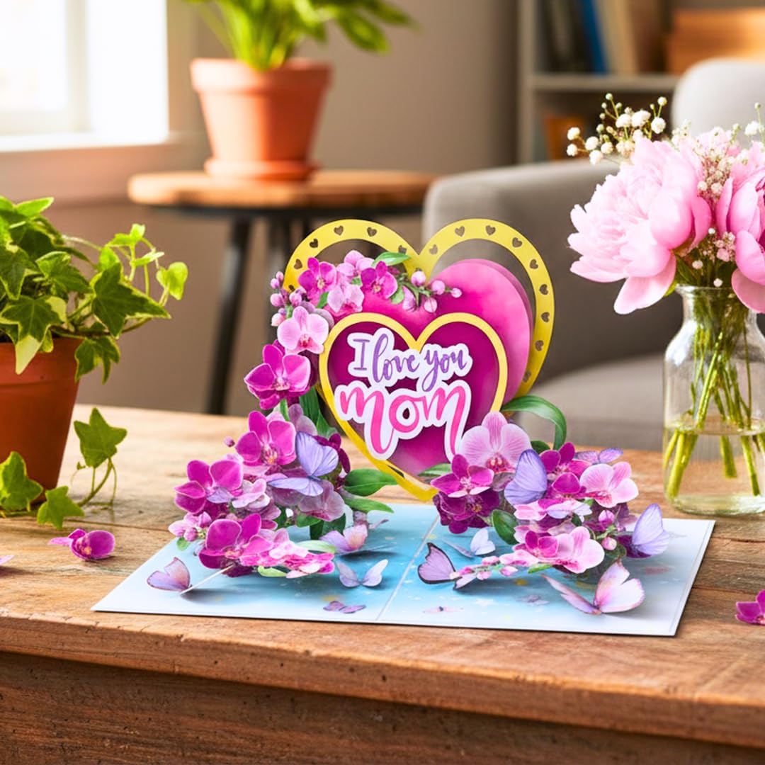 PIECE GIFT 3D Pop-Up Mother's Day Card - 'I Love You Mom' Orchid Flower Design | Premium Greeting Card with Envelope