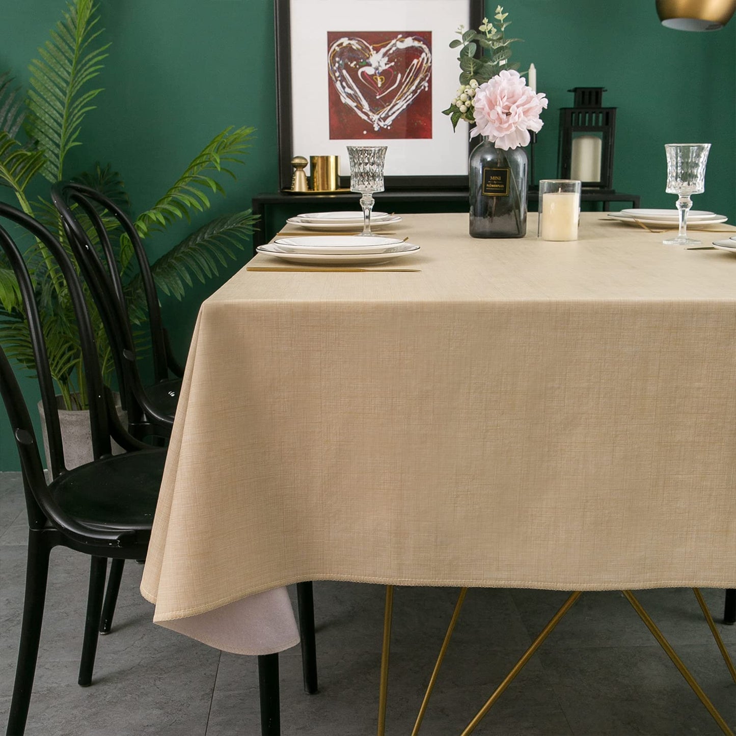 LIBERECOO Vinyl Tablecloth with Flannel Backing, Champagne, Waterproof, Stain-Resistant, Easy-Clean Table Cover for Dining, Kitchen, and Outdoor Use, 60" x 84" Rectangle