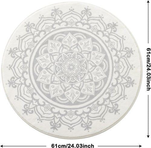 Carvapet 2' Round Area Rug - Chic Boho Mandala Print | Non-Slip, Machine Washable Floor Mat in Ivory Grey